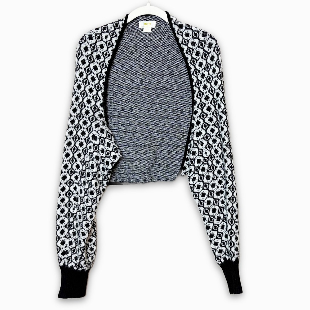 Anthropologie Maeve Cropped Shrug Cardigan Small Black White Geometric Diamond